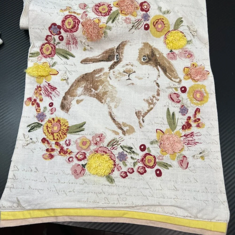Pier 1 Imports Floral Embellished Easter Bunny Rabbit Table Runner 70"x12” - Picture 8 of 11